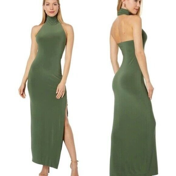 NWT Norma Kamali Halter Turtleneck Side Slit Gown in Celadon Green Size M Maxi